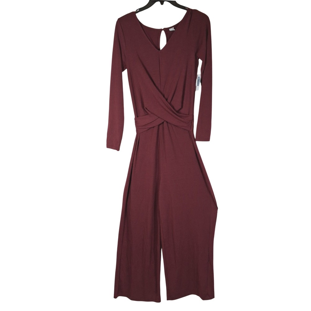 Old Navy Womens XS Burgundy Long Sleeve Wrap Front Wide Leg Jumpsuit New